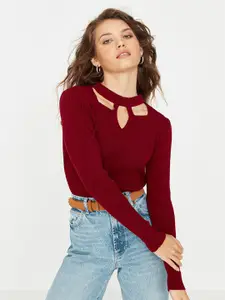 Trendyol Women Maroon Ribbed Acrylic Pullover Sweater