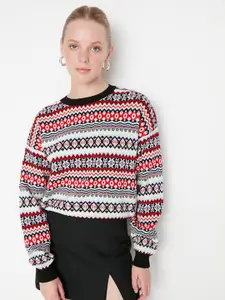 Trendyol Women Black & Off White Geometric Pure Acrylic Pullover Sweater