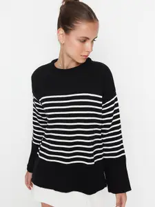 Trendyol Women Black & White Striped Pure Acrylic Pullover Sweater
