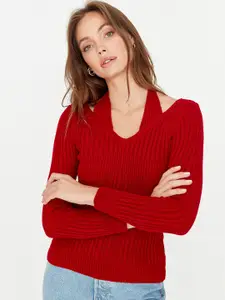 Trendyol Women Red Ribbed Pure Acrylic Pullover Sweater
