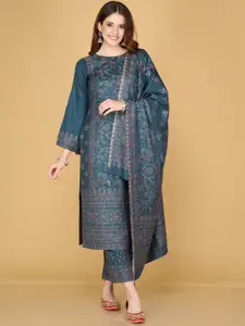 Safaa Teal & Pink Floral Printed Unstitched Dress Material