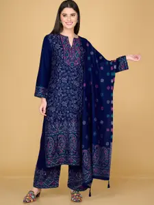 Safaa Women Navy Blue & Pink Woven Design Unstitched Dress Material