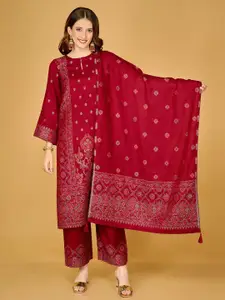 Safaa Women Maroon & Blue Woven Design Unstitched Dress Material