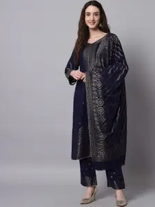 Safaa Women Navy Blue & Silver-Toned Woven Design Unstitched Dress Material