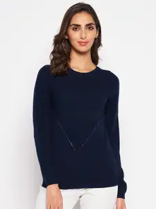 Crozo By Cantabil Women Navy Blue & White Ribbed Acrylic Pullover