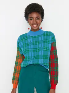 Trendyol Women Green & Blue Checked Pullover Acrylic Sweater