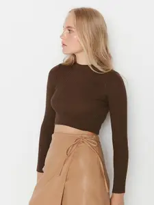 Trendyol Women Brown Solid Crop Pullover Sweater