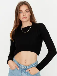 Trendyol Women Black Ribbed Crop Pullover Acrylic Sweater