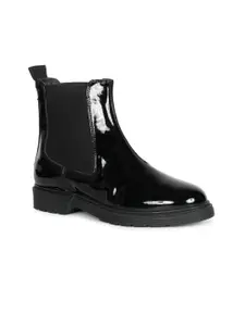 Saint G Women Black Solid Leather Chelsea Boots