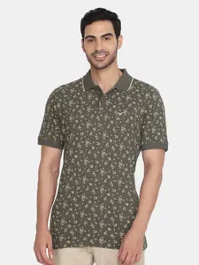 Blackberrys Men Olive Green Floral Printed Polo Collar Slim Fit Pure Cotton T-shirt
