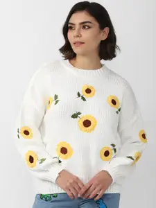 FOREVER 21 Women White & Green Floral Printed Pullover with Embroidered