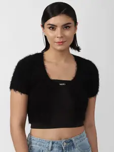 FOREVER 21 Women Black Crop Pullover with Fuzzy Detail