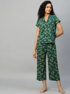 Chemistry Women Green & Yellow Floral Printed Pure Cotton Night suit