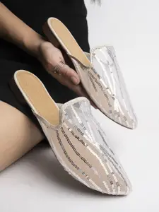 Shoetopia Women Silver-Toned Embellished Mules Flats