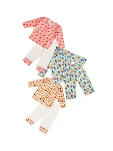 frangipani Girls Pack of 3 Green & Peach-Coloured Printed Pure Cotton Night suit