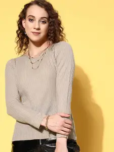 SASSAFRAS Women Beige Ribbed Acrylic Pullover