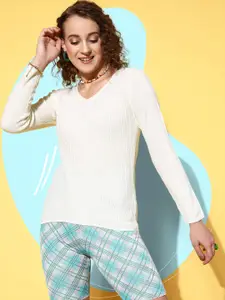 SASSAFRAS Women White Ribbed Acrylic Pullover