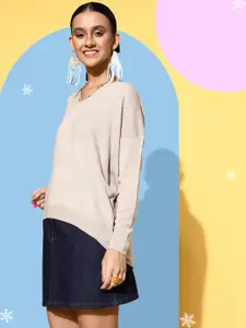 SASSAFRAS Women Beige High-Low Hemline Oversized Pullover