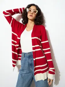 SASSAFRAS Women Red & White Acrylic Ribbed Open Front Striped Longline Shrug