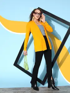 SASSAFRAS Women Mustard Yellow Solid Longline Front Open Sweater