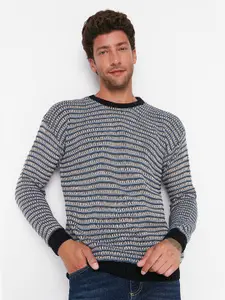 Trendyol Men Blue & Off White Acrylic Pullover Sweater