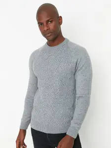 Trendyol Men Grey Acrylic Self Design Pullover