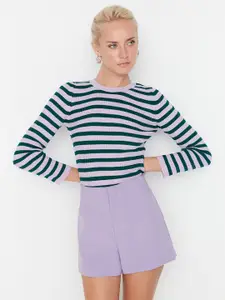 Trendyol Women Purple & Green Striped Acrylic Pullover