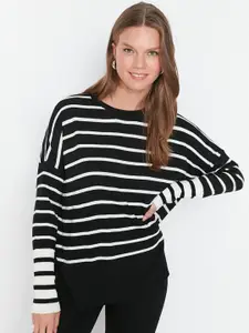 Trendyol Women Black & White Striped Acrylic Pullover Sweater