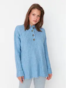 Trendyol Women Blue Striped Longline Acrylic Pullover Sweater