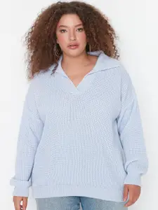 Trendyol Women Plus Size Blue Self Design Acrylic Pullover