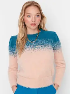 Trendyol Women Teal & Beige Colourblocked Pullover