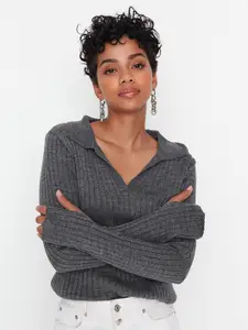 Trendyol Women Charcoal Self Design Acrylic Pullover