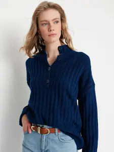 Trendyol Women Navy Blue Self Design Pullover With Button Detail