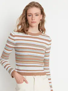 Trendyol Women Camel Brown & White Striped Acrylic Pullover