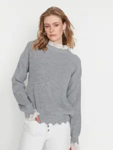 Trendyol Women Grey Lace Insert Pullover