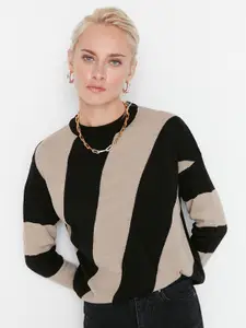 Trendyol Women Camel Brown & Black Colourblocked Pullover