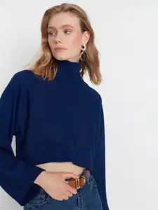 Trendyol Women Navy Blue Acrylic Crop Pullover