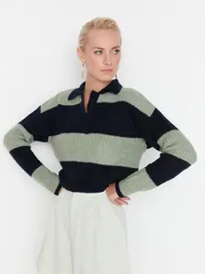 Trendyol Women Black & Green Colourblocked Pullover