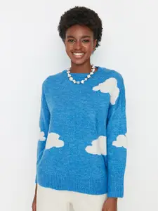 Trendyol Women Blue & White Printed Pullover