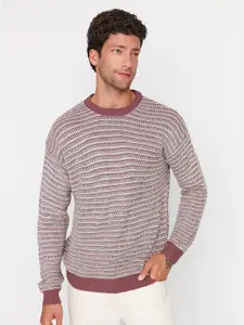 Trendyol Men Mauve & Off White Striped Acrylic Pullover Sweater