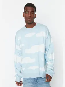 Trendyol Men Blue & White Printed Acrylic Pullover Sweater