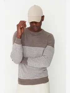 Trendyol Men Brown & Grey Striped Acrylic Pullover Sweater