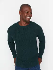 Trendyol Men Teal Solid Ribbed Pullover Sweater