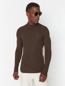 Trendyol Men Brown Ribbed Turtle Neck Pullover Sweater