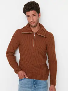 Trendyol Men Brown Ribbed Acrylic Pullover Sweater