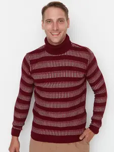 Trendyol Men Burgundy Striped Acrylic Pullover Sweater