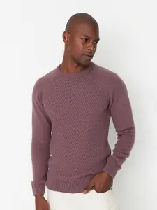 Trendyol Men Mauve Self Design Pullover Acrylic Sweater