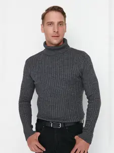 Trendyol Men Grey Ribbed Pullover Acrylic Sweater