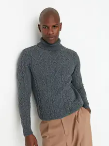Trendyol Men Grey Cable Knit Pullover Acrylic Sweater