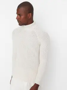 Trendyol Men Cream-Coloured Cable Knit Ribbed Pullover